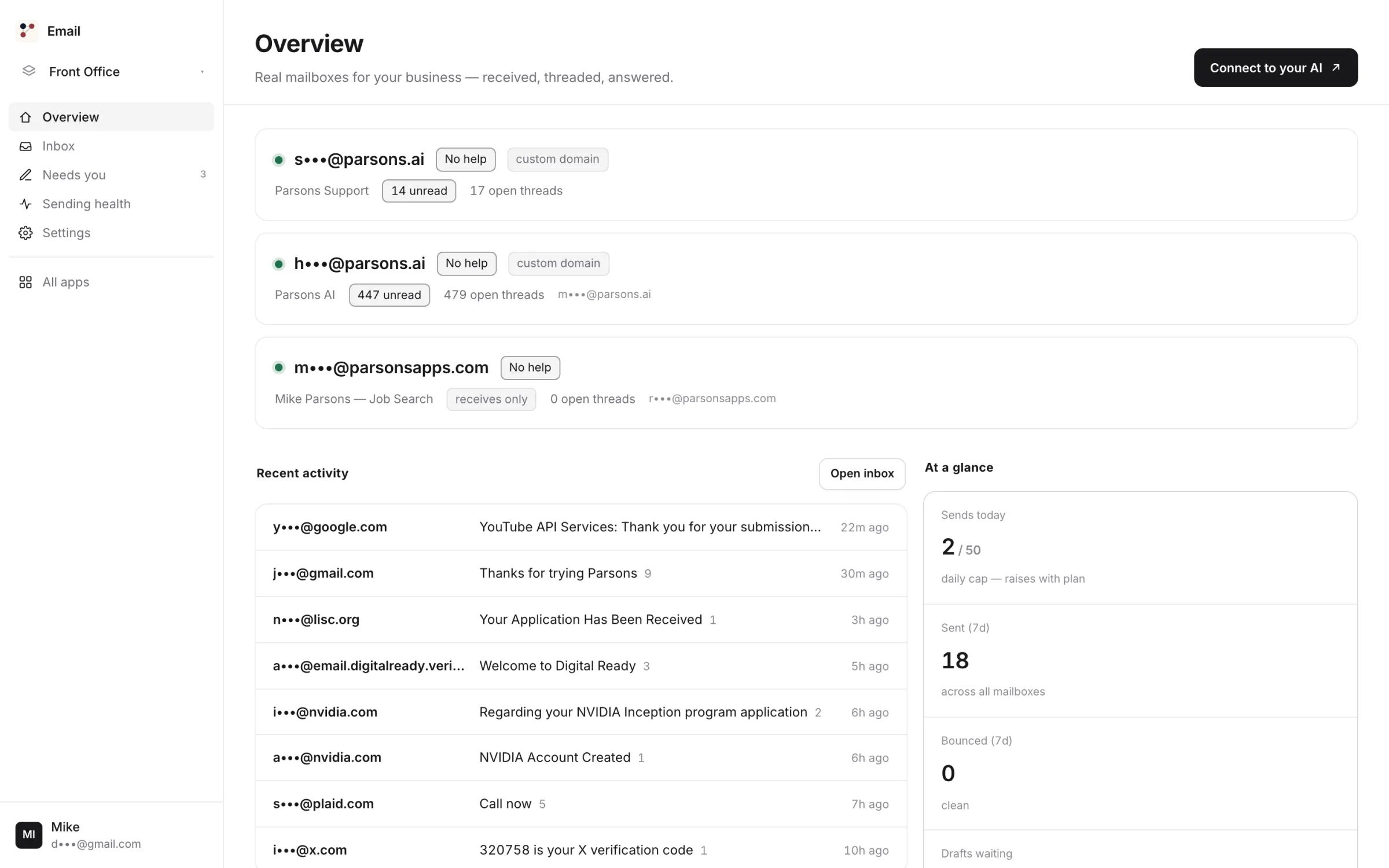 The Email console: three mailboxes on custom domains, recent threads, sends today, bounced this week: zero.